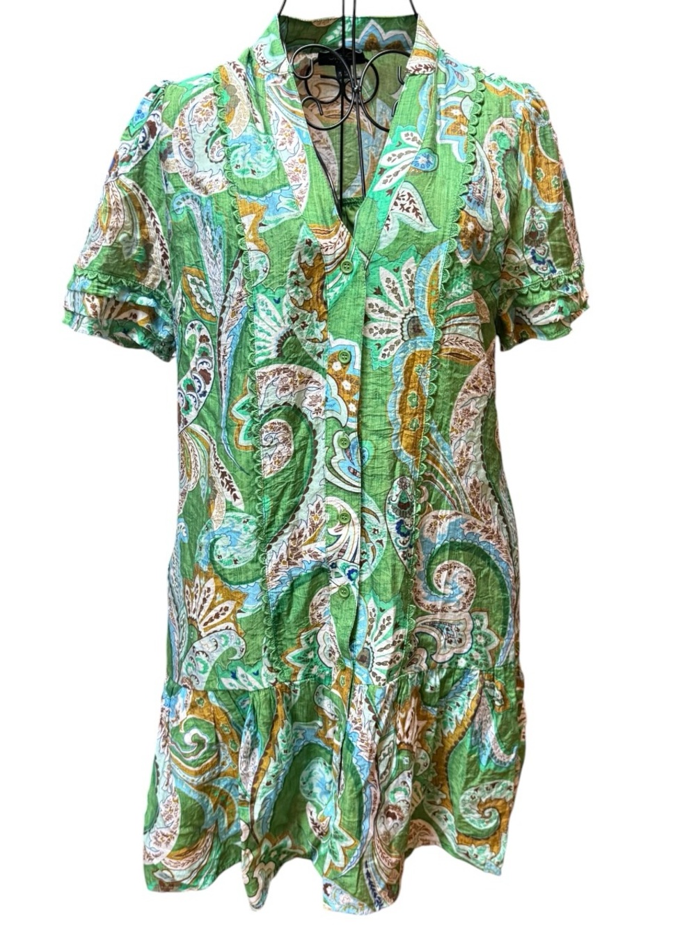 Gigio USA Lightweight Green Paisley V-Neck Tunic Dress